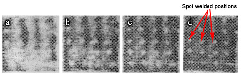 Fig 5: Fujifilm Prescale images show low pressure areas. Increasing load shows contact with spot welded positions Increasing load shows contact with spot welded positions