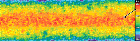 Fig 6: Pressure Profile between Top Roll and Printed Circuit Board. Obtained Using Prescale and Topaq Analysis. Topaq Analysis