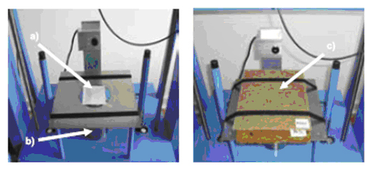 Pressure Film Fig 1: Impact Test Stand: a) is the Fujifilm Prescale® Pressure Film, b) is the anvil, and c) is the protector sample being tested.