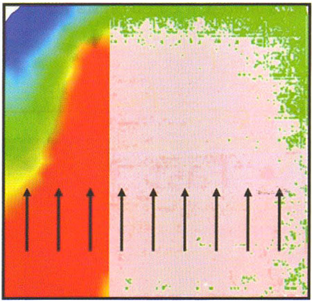 Figure 5: Pressure distribution during MAP moulding. Left: predicted by numerical simulation, right: pressure-indicating film. pressure distribution