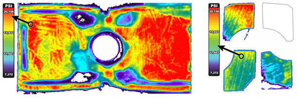 Imagens impressas em filmes Pressurex durante operações de estampagem e posteriormente analisadas pelo software Topaq. As imagens representam a topografia da ferramenta e a variação de pressão ao longo da área de contato em que os filmes foram posicionados. Essa informação é importante para a determinação dos ajustes a serem feitos para eliminar pontos de pressão excessiva ou corrigir o balanceamento dos componentes do ferramental. A primeira imagem é de um filme posicionado em uma parte da ferramenta onde a tira de metal foi cortada e curvada; a segunda mostra leituras da região de contato dos quatro “blocos de amortecimento da ferramenta (bumper blocks). Em três deles, os níveis de pressão exercidos sobre o filme variaram entre 7.000 e 20.000 psi; a quarta não chegou a entrar em contato com a matriz, o que indica um problema de paralelismo a ser corrigido.