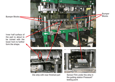 Figure A - The 400T pressure testing setup shows the die components and bumper blocks.