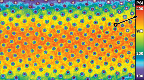 Figure 1. Nip impression image using Pressurex® film,which reveals nip pressure magnitude and distribution.