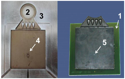 Figure 1: Upper mold tool (left), overmolded PCB substrate with film gate. pcb substrate