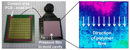 Figure 4: PCB substrate (front side) with removed molding compound and pressure sensor film. Imaging shows pressure drops with increasing distance to the film gate. removed molding compund
