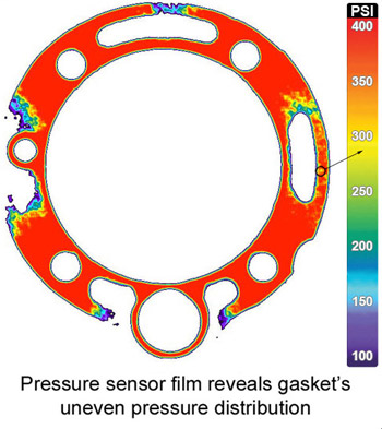 Pressure sensor film reveals gasket's uneven pressure distribution pressure sensor film