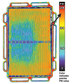 Pressurex® reveals pressure distribution and magnitude in a fuel cell. Different ranges of pressure film are available