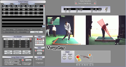 The Vertex Golf Motion Analysis System shows the Tactilus® foot pressure profile and weight distribution, as well as video, speed, and motion data.