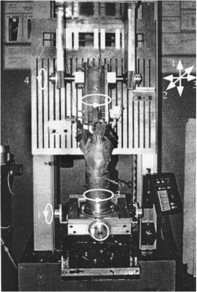 Figure 1. A specimen mounted at full extension in the custom patellofemoral joint testing jig. figure 1