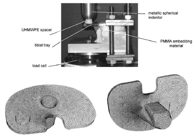 Fig. 3. Experimental set-up for fatigue test on the TT (top); meshes of the TT and the PE spacer (bottom). figure 3