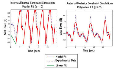 Biomechanics Figure 3-4: Example of model fit to experimental axial compressive load during implant constraint testing. LEFTA combined linear and Fourier fit was used for internal/external constraint simulations. RIGHT – A 25th order polynomial was used for anterior/posterior constraint simulations.
