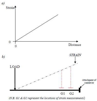 Figure 21. Strain gradient: a) relationship between strain and distance from load applied to the
beam; b) measurement locations on the cantilever beam figure 21