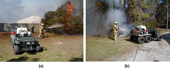 Figure 2.2.3: (a) The FRE providing rapid extinguishment of forest fires. (b) The FRE can also be used to reach deep-seated, smoldering fires shown here. figure 2.2.3
