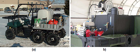 Figure 2.2.4: (a) A derivative of the UHP skid adapted for the Polaris. (b) The Rosenbauer UHPS fitted within the rear of a military HMMWV. figure 2.2.4