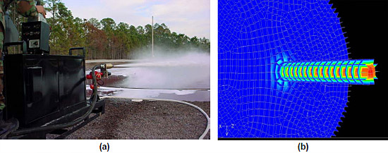 Figure 2.3.1: (a) The 100 gpm UHP skid delivering agent. (b) CFD velocity contours showing steep gradients within a UHP test nozzle using Fluent®. figure 2.3.1