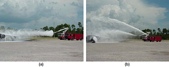 Figure 2.4.1: (a) The 200 gpm UHP Oshkosh T-1500 delivering agent. (b) Side by side comparison of agent streams (200 gpm UHP and standard 500 gpm P-19). figure 2.4.1