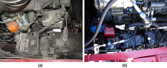 Figure 3.3.2: (a) Driver’s side hydraulic pumps and hoses. (b) Passenger’s side hydraulic pumps and hoses. figure 3.3.2