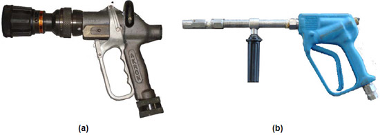 Figure 4.3.1: UHP P-19 tested UHP hand line nozzles: (a) Akron Brass black combination fog/straight stream pistol-grip (b) AFRL/MLQD stainless steel naturally aspirated design. figure 4.3.1