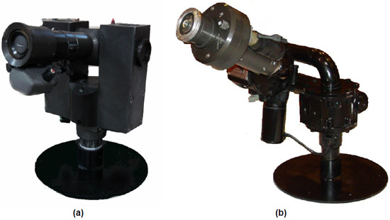 Figure 4.3.2: UHP P-19 tested 300 gpm UHP bumper turret nozzles: (a) Elkhart Brass stem-centered (b) Akron Brass straight bore. figure 4.3.2