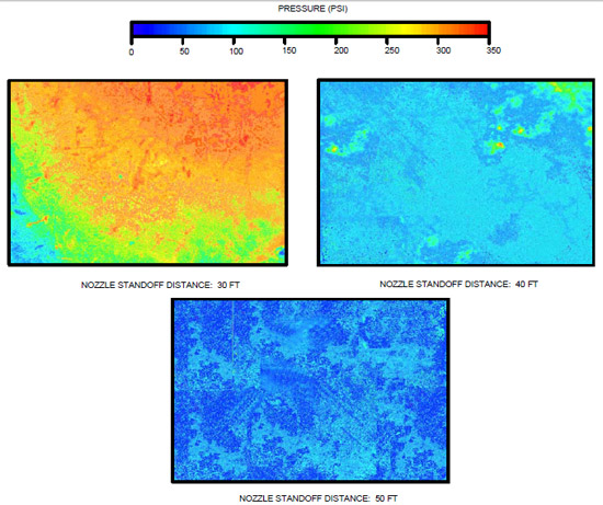 Figure 4.8.4: Exposed Super Low Pressurex® (0 – 350 psi) film contours of total impact pressure for 30, 40, and 50 foot standoff distances from the nozzle. figure 4.8.4