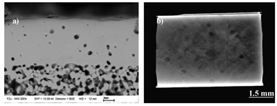 Fig. 12. SEMimage of electrolyte and remaining YSZ frame (a) and cell section image obtained using computer tomography (b). figure 12