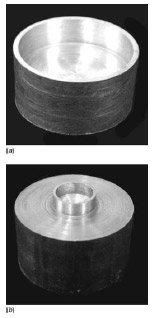 Fig. 4 AISI 1018 cold-drawn steel cup after lapping and polishing: (a) reports the large contact area cup (nominally 75.40 mm2) and (b) the small contact area cup (nominally 13.35 mm2) Fig. 4 AISI 1018 cold-drawn steel cup after lapping and polishing: (a) reports the large contact area cup (nominally 75.40 mm2) and (b) the small contact area cup (nominally 13.35 mm2)
