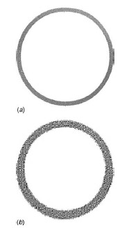 Fig. 6 Typical pattern generated by pressure-sensitivite film placed between the ring and the disk of the friction pair; (a) represents a large contact area pair (nominally 75.40 mm²) and (b) a small contact area pair (nominally 13.35 mm²). Both images show a uniform shaded area, which corresponds to uniform pressure on the contact area. Fig. 6 Typical pattern generated by pressure-sensitivite film placed between the ring and the disk of the friction pair; (a) represents a large contact area pair (nominally 75.40 mm²) and (b) a small contact area pair (nominally 13.35 mm²). Both images show a uniform shaded area, which corresponds to uniform pressure on the contact area.