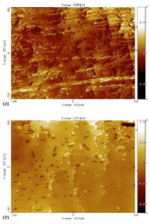 Fig. 20 Surface profiles of the brass sample showing two distinctly different patterns at two locations after the friction test for the small contact area 211 μm grain size brass at high pressure: (a) profile after the test at location 1 and (b) profile after the test at location 2 Fig. 20 Surface profiles of the brass sample showing two distinctly different patterns at two locations after the friction test for the small contact area 211 μm grain size brass at high pressure: (a) profile after the test at location 1 and (b) profile after the test at location 2
