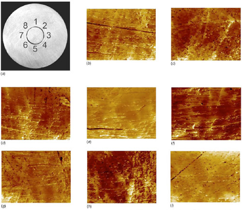 Fig. 21 Surface profiles at eight different locations of the small contact area brass specimen after the high-pressure friction test: (a) shows the locations in which the surface is scanned and (b)–(i) represent an area of 430 μm by 320 μm. (b) Location 1, (c) Location 2, (d) Location 3, (e) Location 4, (f) Location 5, (g) Location 6, (h) Location 7, (i) Location 8. Fig. 21 Surface profiles at eight different locations of the small contact area brass specimen after the high-pressure friction test: (a) shows the locations in which the surface is scanned and (b)–(i) represent an area of 430 μm by 320 μm. (b) Location 1, (c) Location 2, (d) Location 3, (e) Location 4, (f) Location 5, (g) Location 6, (h) Location 7, (i) Location 8.