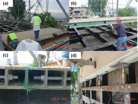 Figure 4.18 Field installation of the FRP bridge deck (a) Dry fit (b) Adhesive application (c) Seam curing (d) Jacking system fig 4.18