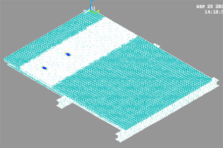 Figure 5.9 Two-bay model of deck with superstructure under tire patch loading fig 5.9