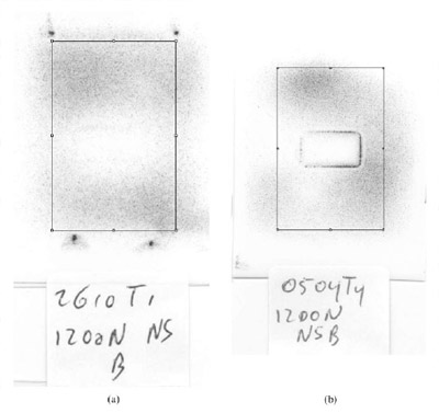 Representative stains obtained by loading unsealed super low-grade FF, using the physiological joint model with both convex components (covered by rubber and the full metal convex component), respectively. The position of the region of interest used to determine the mean pixel value is shown: the upper-left corner of the rectangle is positioned 15 pixels under the centre of the mark of the bead, or the centre of the region of interest is positioned at the centre of the defect Fig. 1 Representative stains obtained by loading unsealed super low-grade FF, using the physiological joint model with both convex components (covered by rubber and the full metal convex component), respectively. The position of the region of interest used to determine the mean pixel value is shown: the upper-left corner of the rectangle is positioned 15 pixels under the centre of the mark of the bead, or the centre of the region of interest is positioned at the centre of the defect