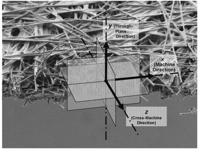 Fig. 3. SEM cross-section and fibre structure of TGP-H-060 with virtual (macroscopic) symmetry planes. figure 3