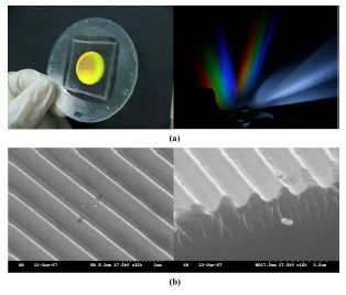 UV-nanoimprint lithography FIG. 8. (a) Photographs of an imprinted concave grating on a dish and diffracted light and (b) SEM images of replicated gratings with a period of 1.2 μm.
