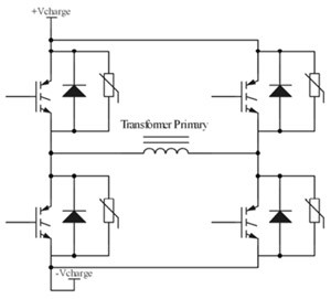 Figure. 2. Schematic of the H-bridge switch plate. Additionally, 60 µF is across the voltage buses on each switch plate. The existing flat-pack version does not include parallel MOVs.