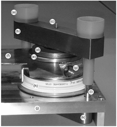 Figure 5. Photograph of a SLAC designed press-pack clamp. (a) G10 electrical isolator, (b) steel clamp, (c) force calibration pin, (d) Belleville springs, (e) steel plate, (f) copper bus, (g) commercial water-cooled heat sink, (h) IGBT, (i) 3/8” grade-8 bolt, (j) commercial heat sink (aluminum blank shown in photograph), (k) steel clamp.