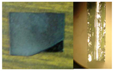 Figure 4. 12: (a) Wafer bonding chuck, showing two pieces of W-coated Si sandwiched between two pieces of W clamped by screws (b) bonded W on Si, showing (center) top view, (right) side view