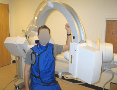 Biomechanics Figure 8 Dual plane fluoroscopic imaging system shown with a subject in the central viewing volume with the shoulder in 90° abduction with maximum external rotation.