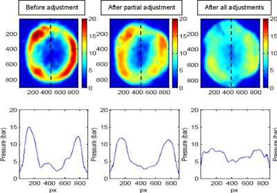 Fig. 3: Bond tool images show improvement to the pressure uniformity as captured by pressure indicating film wafer bonding