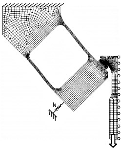 Fig. 6. Finite element mesh used for contact modeling and for design of the pad holder (displacement scaling of 30x)