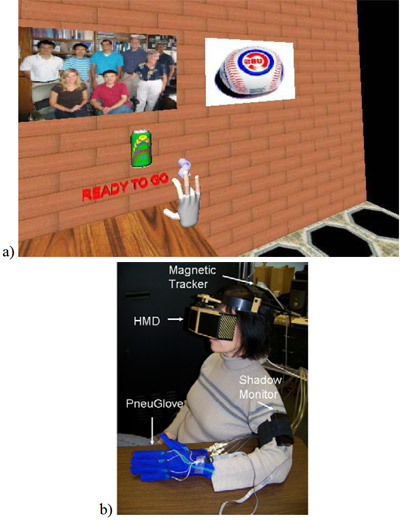 Fig. 2. a) Two-dimensional view of the virtual environment seen by the user. Entire room (floor, ceiling, and all 4 walls) is visible. figure 2