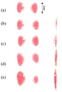 Fig. 8. Images from pressure sensitive film experiments for normal load P=80 kN under different applied lateral forces, Q. (a) Q=0 kN, (b) Q=2 kN, (c) Q=4 kN, (d) Q=6 kN, (e) Q=9 kN.